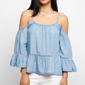 Chambray Cold Shoulder Top